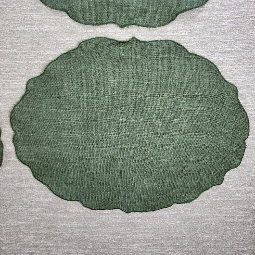 VTG Williams Sonoma Linen Placemats Sage Green Scalloped Edge Oval Set of 4